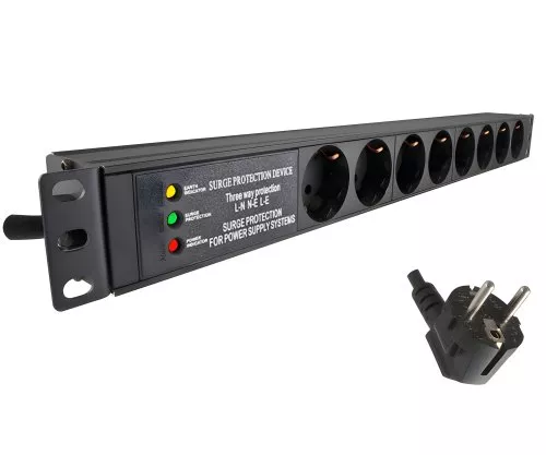 19-inch socket strip aluminium, 8-way, overvoltage protection, LED, GS, black, cable length 1.80m